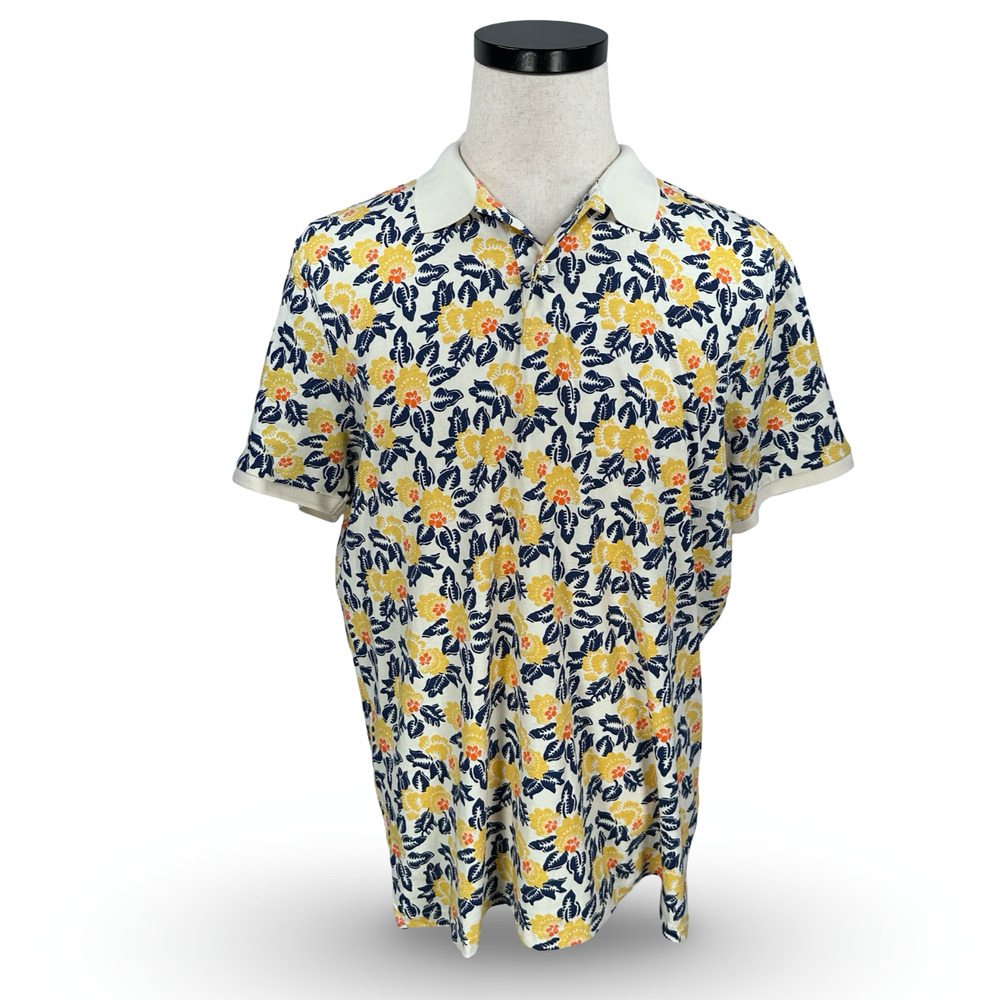 Ben Sherman Polo Shirt Shirt Men’s Large Ivory Block Botanical Floral Cotton New